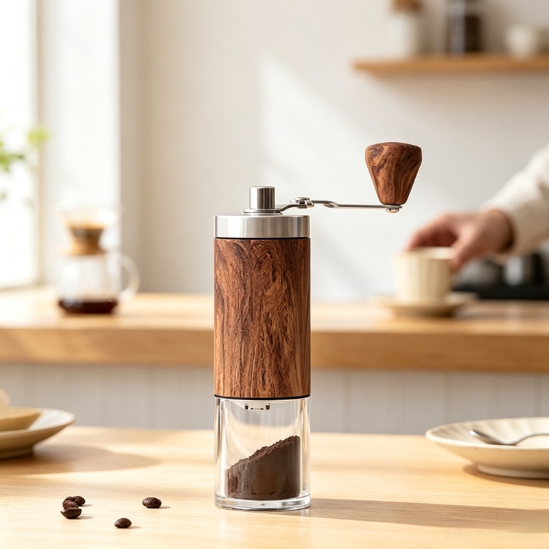 Burr Hand Grinder - เครื่องบดกาแฟแบบมือหมุนลายไม้แบบพกพา, ตัวหมุนสแตนเลส, อุปกรณ์บดเมล็ดกาแฟสำหรับใช้ในครัวเรือน