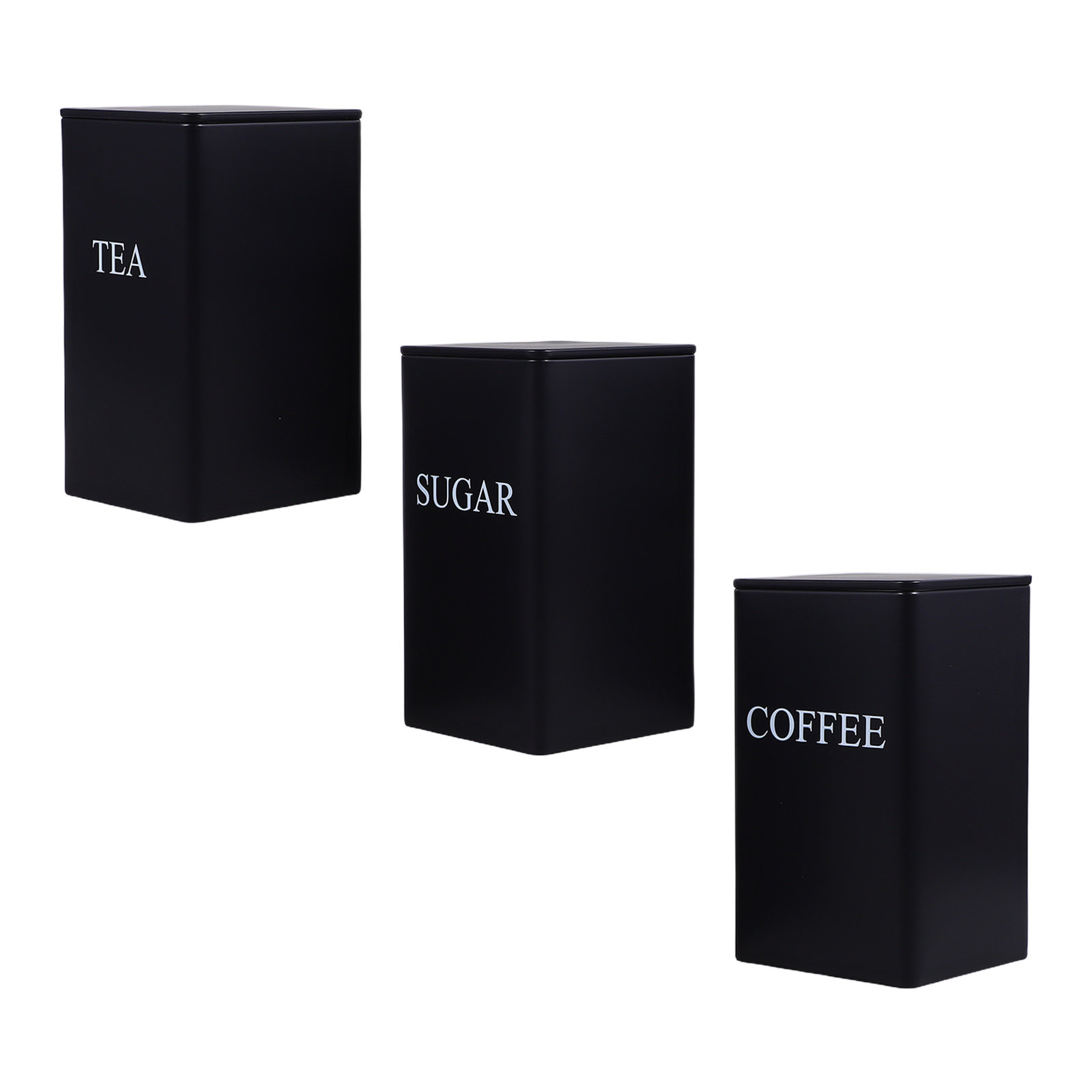 Coffee Tea Sugar - ชุดกระปุกเก็บของในครัว 3 ชิ้น โลหะสีดำ สำหรับกาแฟ ชา