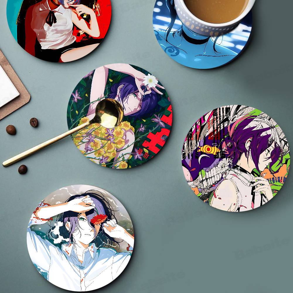 Coffee Tea And Sugar Set - ชุดที่รองแก้วไม้ลายเรเซจากภาพยนตร์ Chainsaw Man - ทนความร้อนสำหรับชาและกาแฟ, ตกแต่งคาเฟ่ในบ้าน,