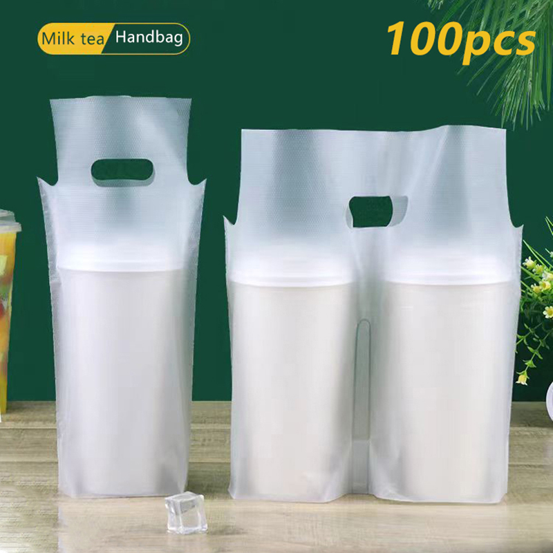 Coffee Tea With Milk - ถุงบรรจุภัณฑ์ชา sữaแบบแก้วเดี่ยว/แก้วคู่ 100 ชิ้น ถุงพลาสติกใสแบบใช้แล้วทิ้งสำหรับเครื่องดื่ม ถุงหิ้วกาแฟแบบนำกลับบ้าน