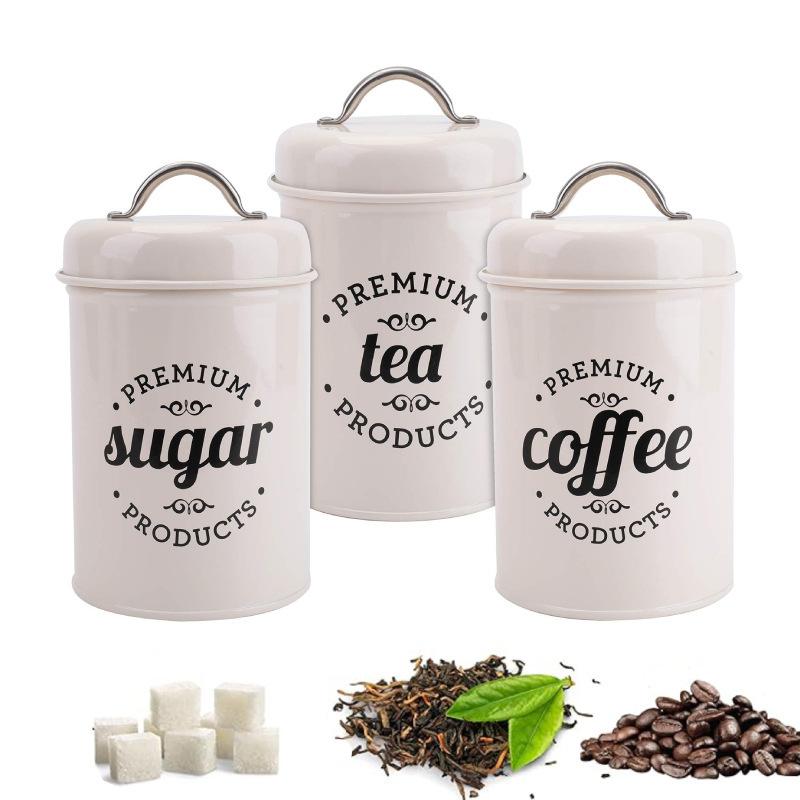 Coffee Tea Sugar - ชุดกระปุกโลหะทรงกลมสำหรับเก็บของในครัว 3 ชิ้น พร้อมฝาปิดสนิท ป้องกันความชื้น เหมาะสำหรับเก็บชา