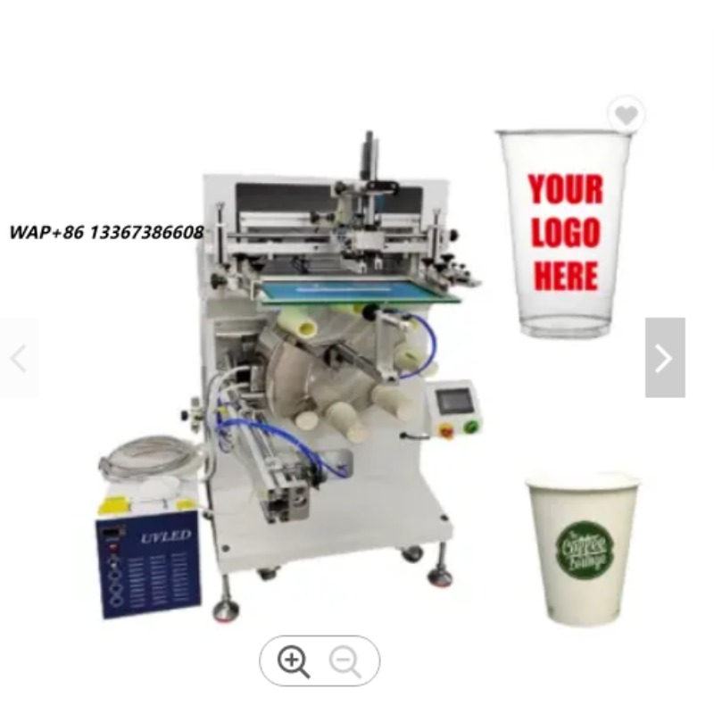 Coffee Tea With Milk - เครื่องพิมพ์สกรีนกึ่งอัตโนมัติ 8 สถานี พร้อมเครื่องอบยูวี สำหรับพิมพ์บนแก้วกระดาษและพลาสติกแบบใช้แล้วทิ้ง แก้วกาแฟ