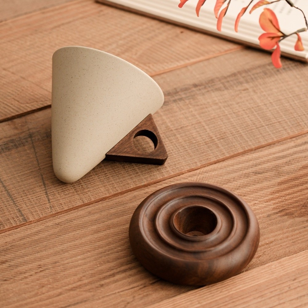 Xbloom Coffee Tea - แก้วเซรามิกทรงกรวยสามเหลี่ยมแบบหยาบ ฐานไม้สไตล์เรโทร แก้วกาแฟเซรามิกวินเทจ แก้วน้ำชาทำมือ แก้วกาแฟทรงกรวย ของขวัญ